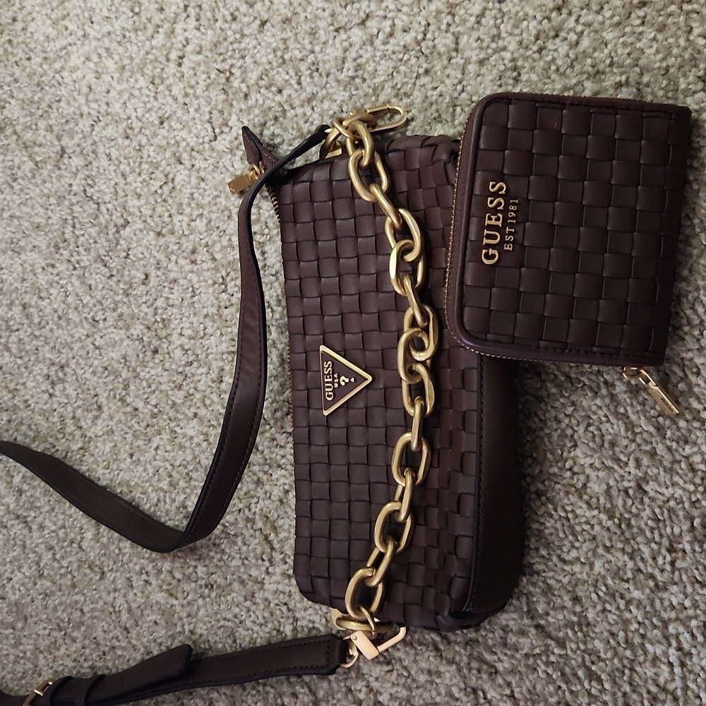 GUESS Brown Woven Crossbody Bag with Matching Wallet and Gold Chain